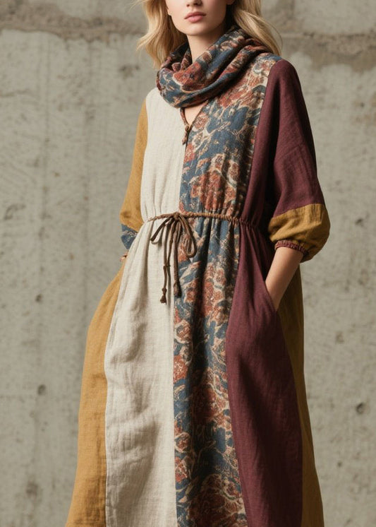 Colorblock V Neck Print Lace Up Cotton Dresses Fall