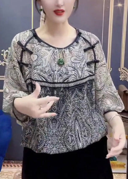 Retro Print O-neck Chiffon Top Long Sleeve