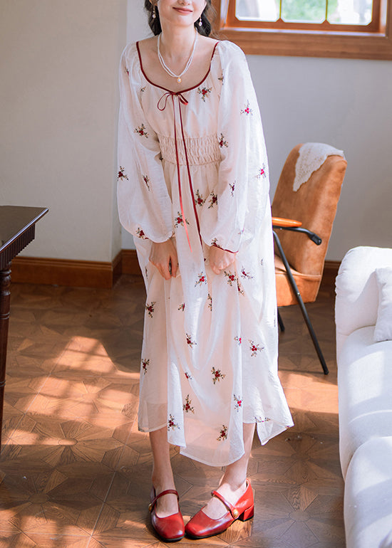 White Embroidered Elastic Waist Cotton Long Dresses Fall