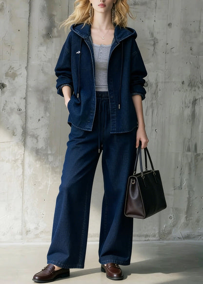 Blue Hooded Coat and Wide Leg Pants Denim Two Pieces Set Spring