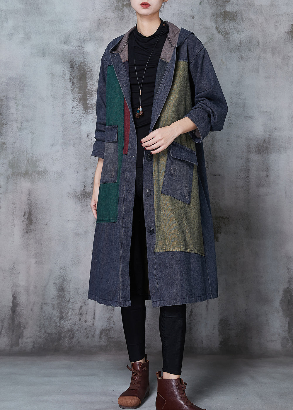 Navy Oversized Patchwork Denim Trench Coats Spring