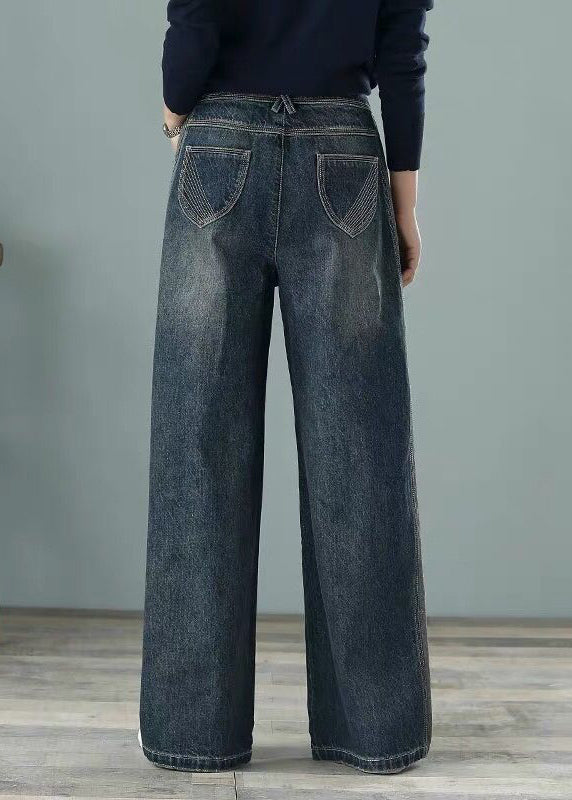 Loose Denim Blue High Waist Pockets Cotton Wide Leg Pants for Spring
