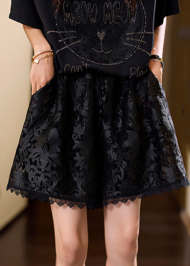 Black Embroidered Pockets Elastic Waist Lace Shorts Summer