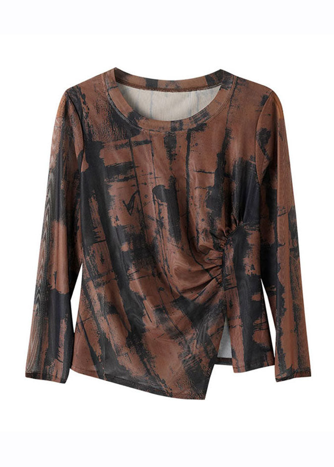 Coffee Print Asymmetrical Wrinkled Top Long Sleeve
