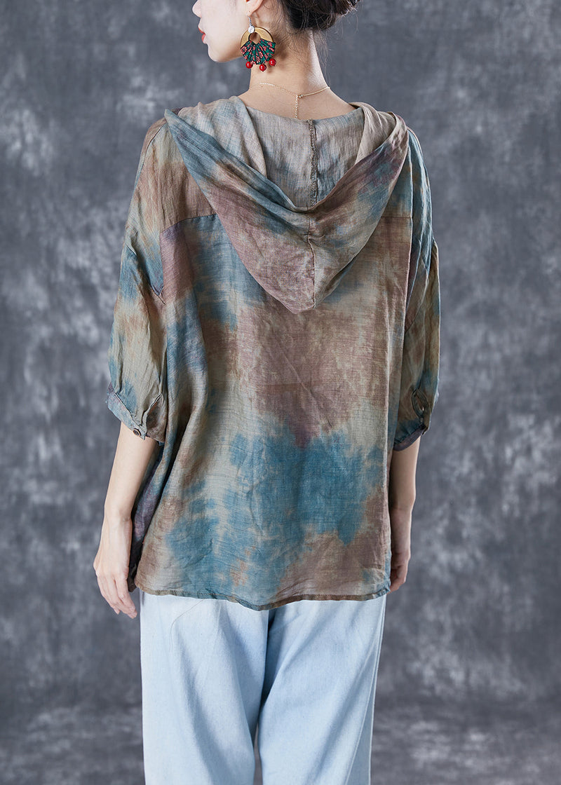 Blue Oversized Tie Dye Linen Shirt Tops Bracelet Sleeve