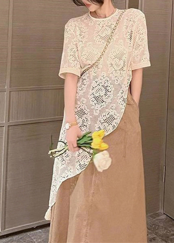 Beige Asymmetrical Hollow Out Lace Top Summer