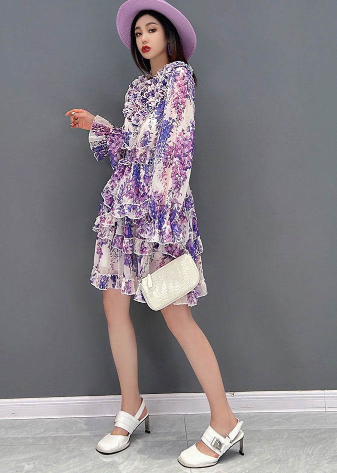 Purple Stand Collarasymmetrical Ruffled Chiffon Mid Dress Long Sleeve