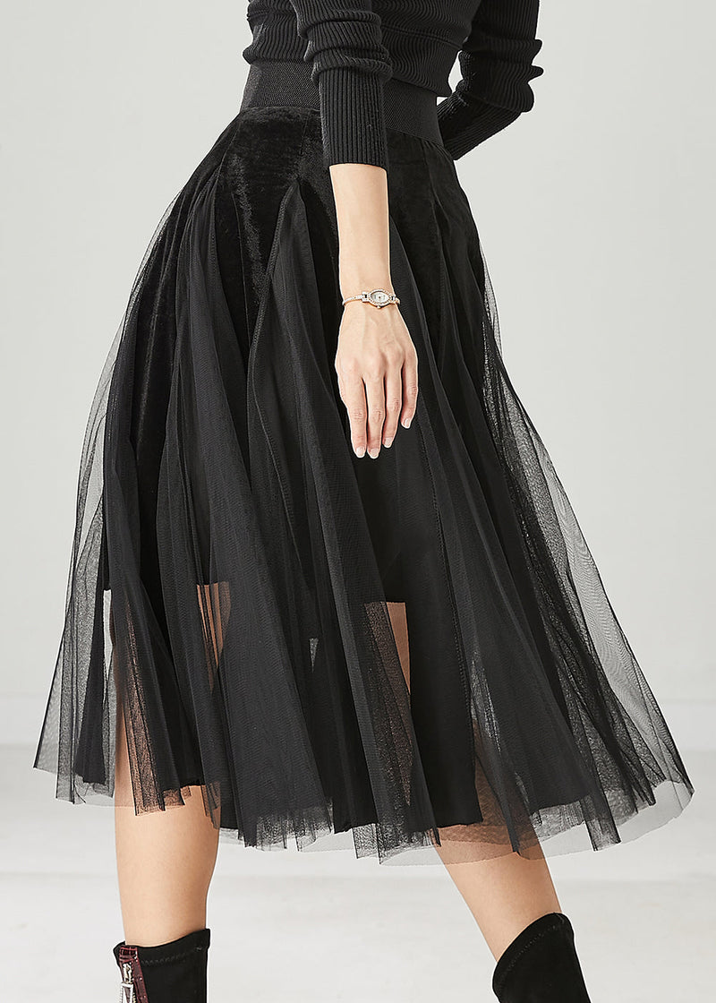 Black High Waist Patchwork Tulle Velour Dress Spring