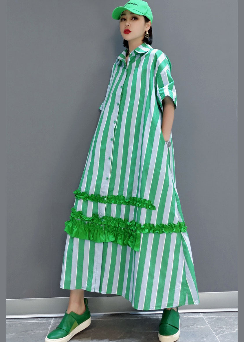 Natural Green Button Ruffled Striped Long Dress Spring