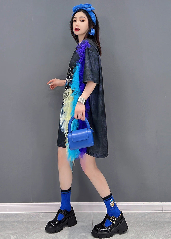 Black Asymmetrical Design Tulle Patchwork Print Dress Short Sleeve