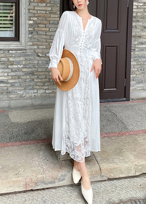 White V Neck Embroidered Lace Up Cotton Long Dresses Fall