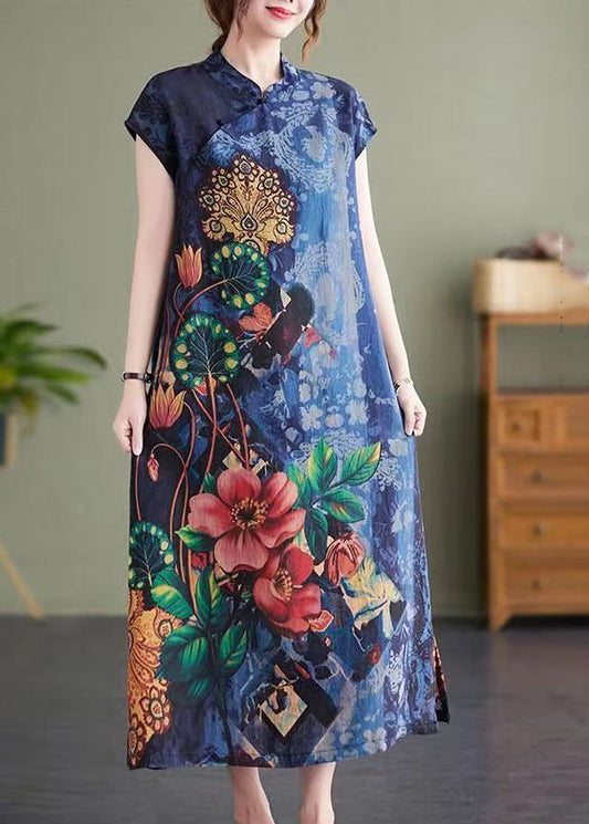 Navy Stand Collar Side Open Print Cheongsam Dresses Short Sleeve