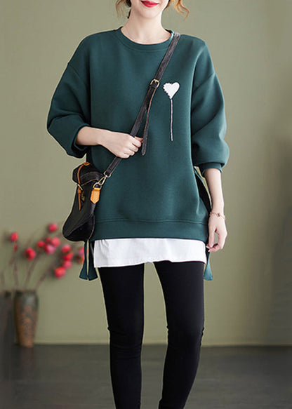 Red O Neck Heart Print Cotton Sweatshirt Winter