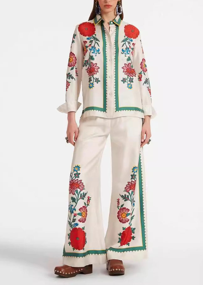 Peter Pan Collar Print Ice Silk Two Pieces Set Long Sleeve