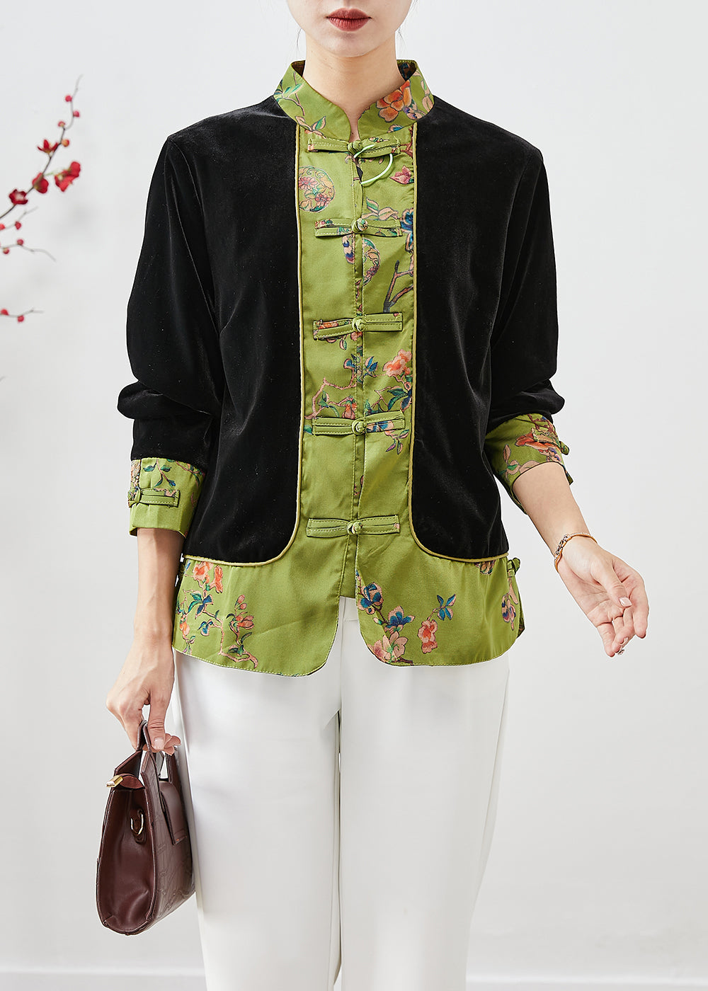 Black Mandarin Collar Patchwork Silk Velour Fake Two Piece Coats Fall