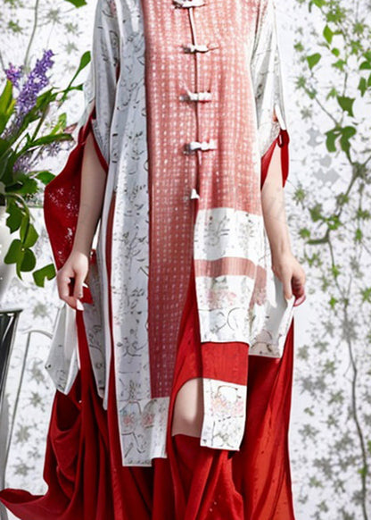 Red Stand Collar Oriental Button Silk Dresses Summer
