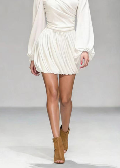 White O Neck Wrinkled Patchwork Mid Dress Lantern Sleeve