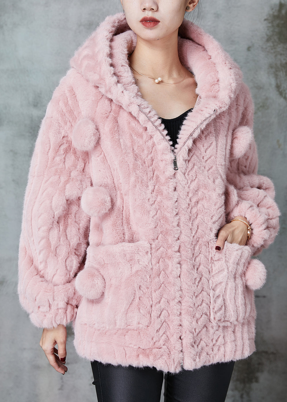 Pink Hooded Fuzzy Fur Fluffy Coat Outwear Spring