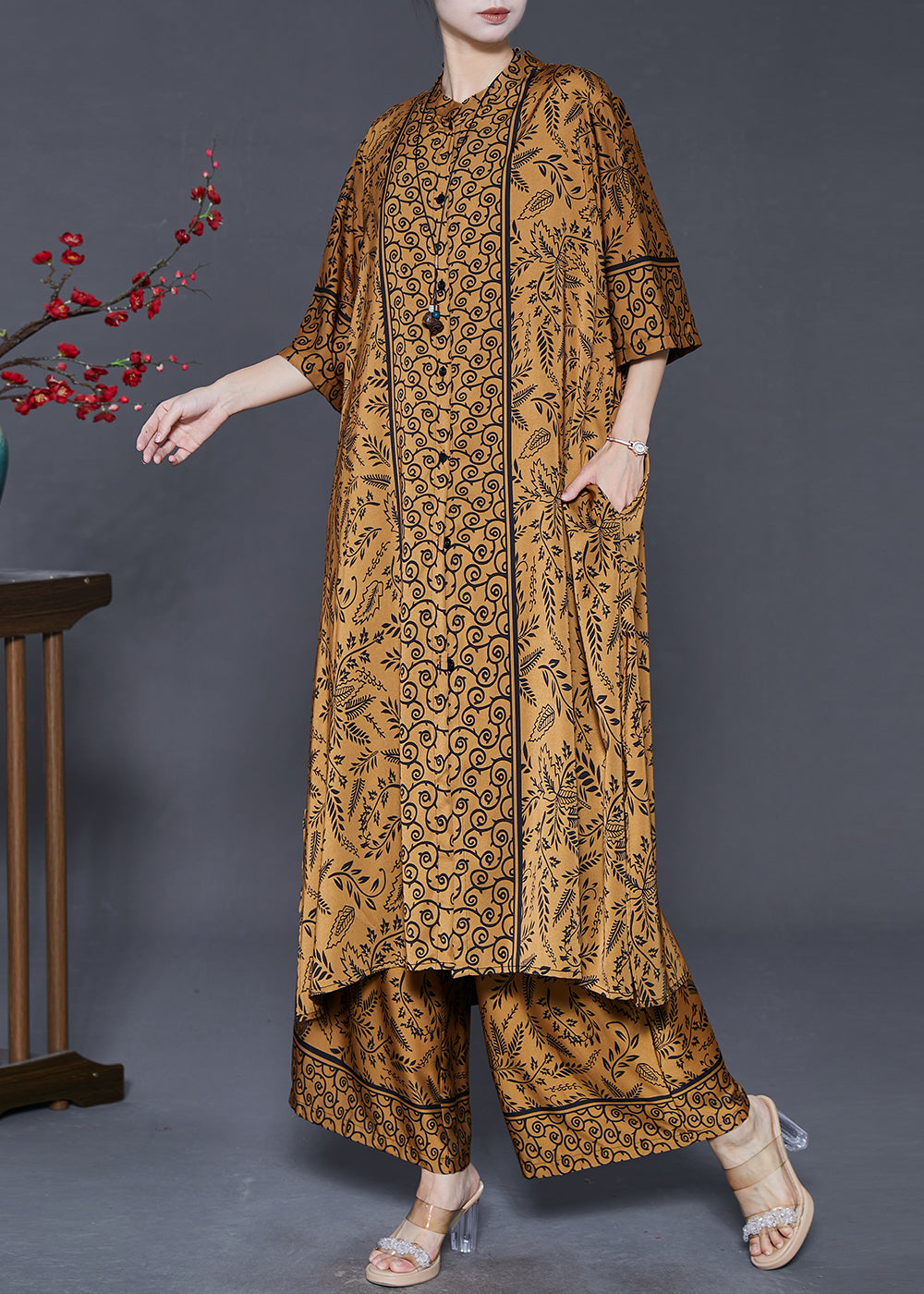 Brown Oversized Print Silk Two Pieces Set Summer