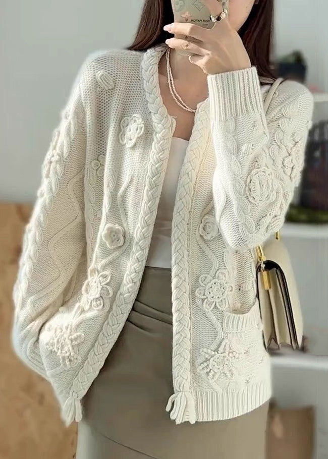 Handmade Camel Pockets Cable Knit Woolen Cardigans Spring
