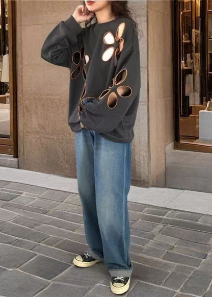 Grey Oversized Hollow Out Cotton Pullover Spring