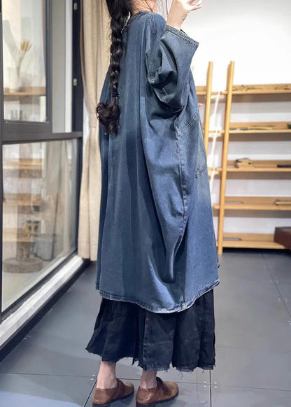 Blue Oversized Chinese Button Denim Long Dress Spring