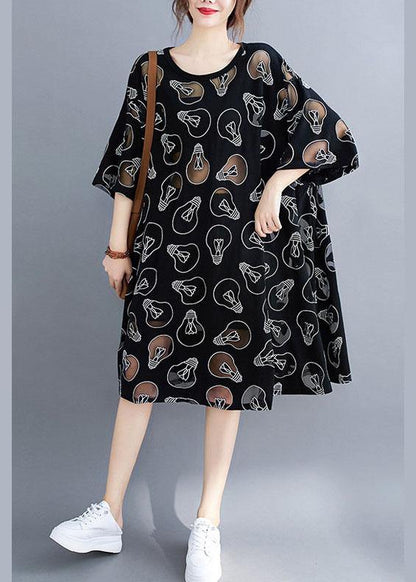 Fine Black O-neck Loose Summer Jacquard Dresses Half Sleeve
