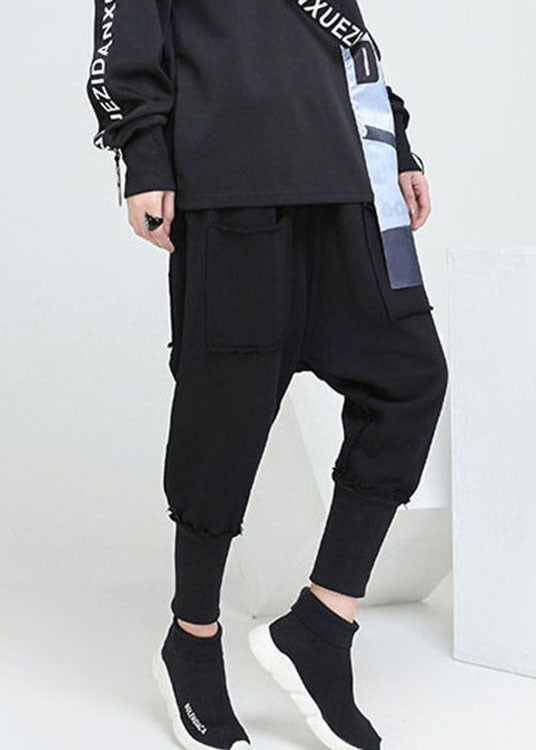 Stylish Black Pockets Cotton Harem Pants Spring