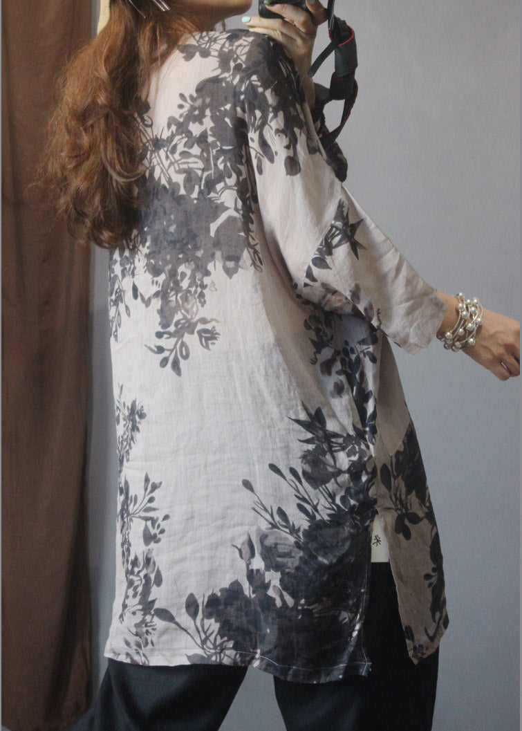 Art Grey V Neck Button Side Open Pockets Print Linen Shirt Top Summer