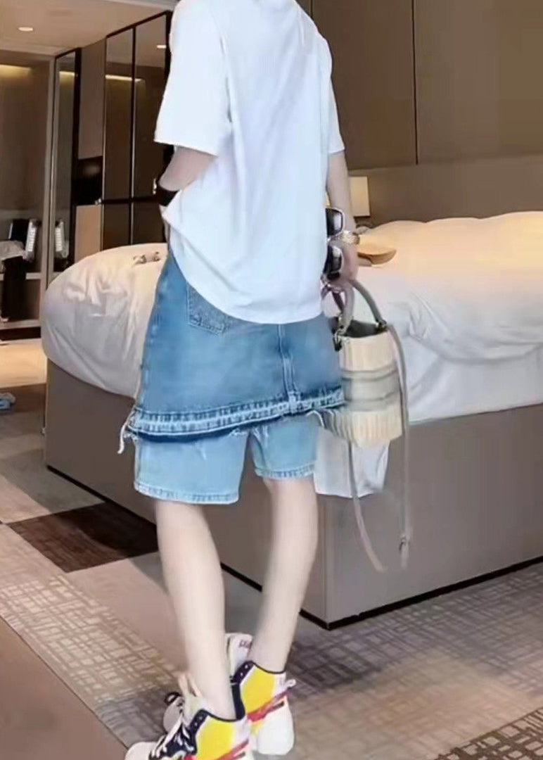 Blue Tasseled Patchwork False Two Pieces Denim Shorts Summer