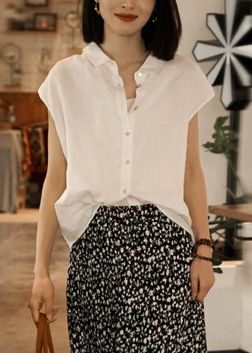 Loose White Peter Pan Collar Button Linen Shirt Summer