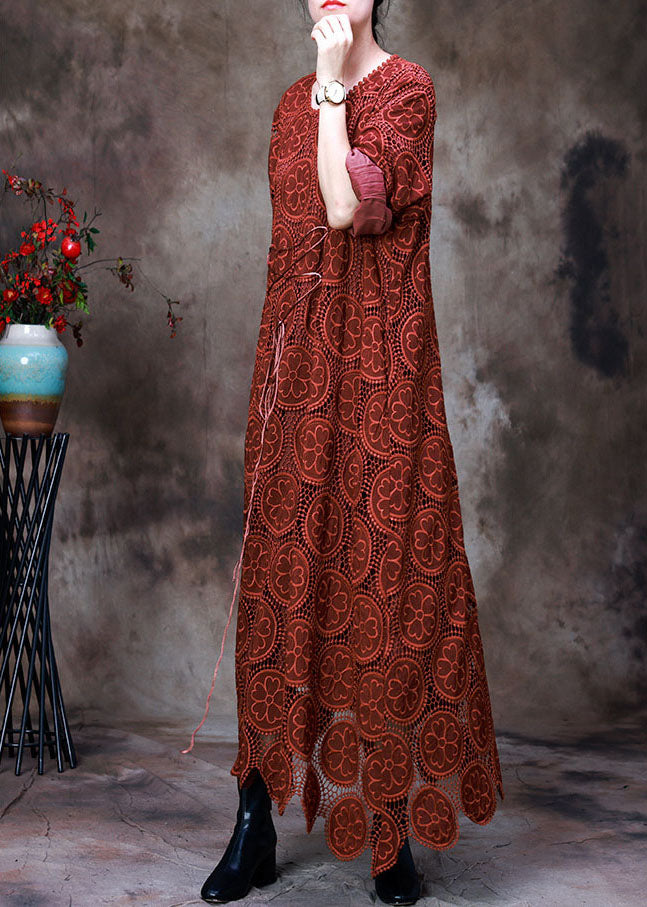 Orange Embroideried Asymmetrical Design Fall Dress Long Sleeve