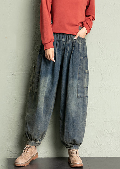 Blue Pockets Elastic Waist Denim Crop Pants Spring