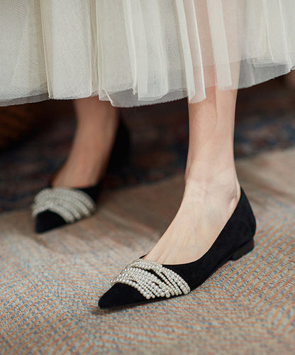 French Black Suede Flat Shoes Pointed Toe Splicing Nail Bead