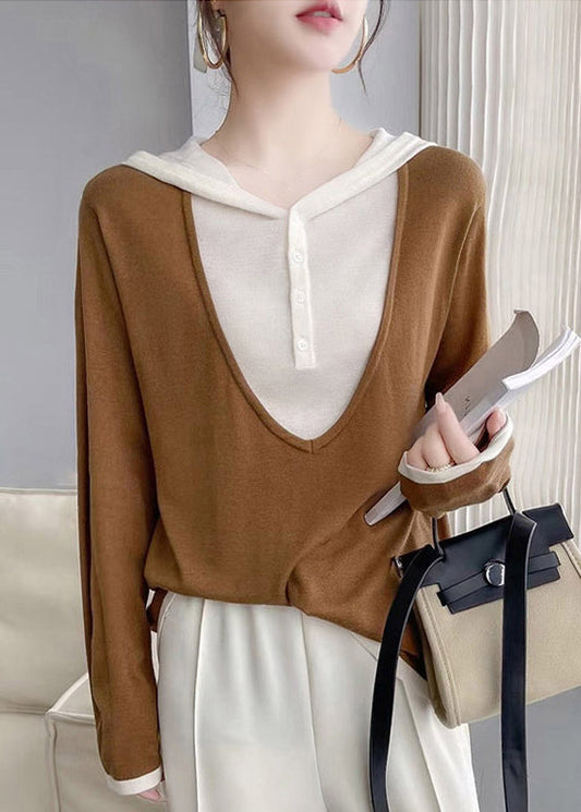 Coffee Hooded Patchwork False Two Pieces Cotton Knit Tops Fall
