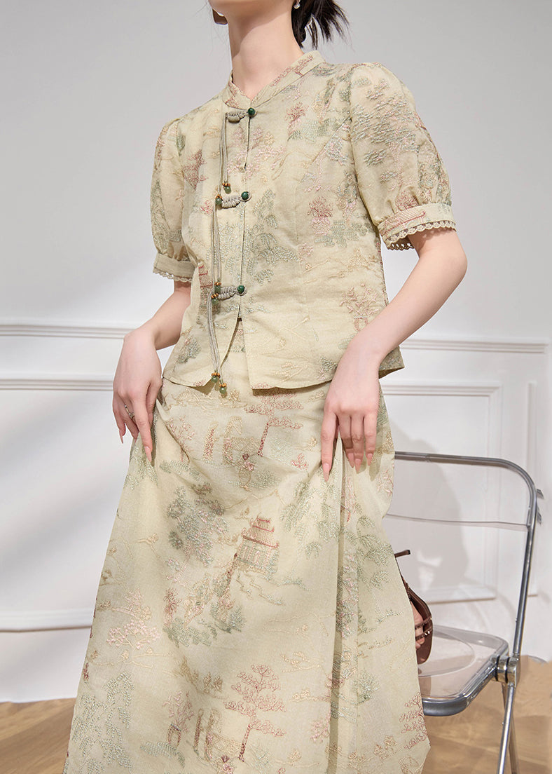 Jacquard Light Green Button Tops and Skirts Two Pieces Set Summer
