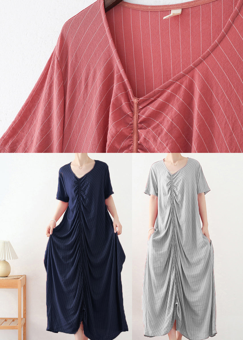 Pink Wrinkled V Neck Cotton Party Dress Short Sleeve