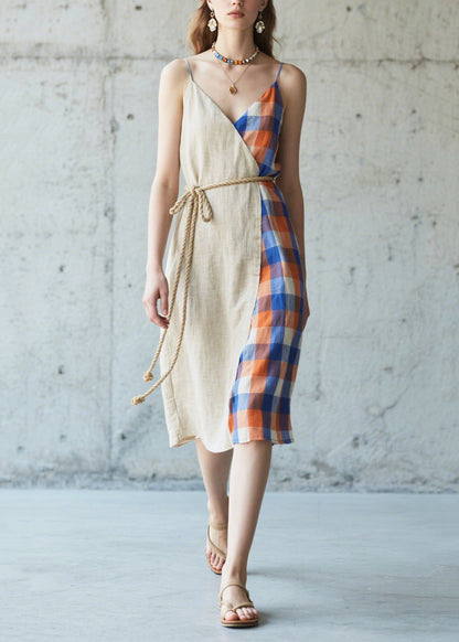 Beige Asymmetrical Patchwork Linen Cami Dresses Summer