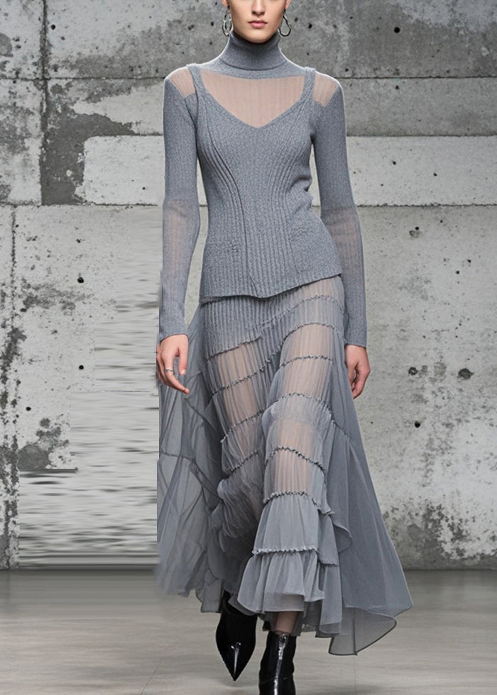 Grey High Neck Patchwork Exra Large Hem Knit Long Dress Fall