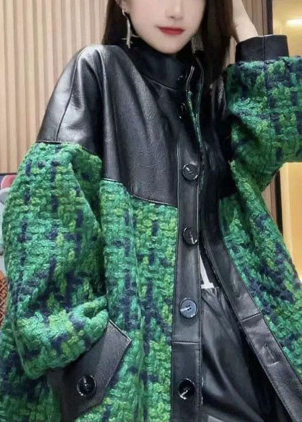 Green Stand Collar Pockets Patchwork Sheepskin Woolen Coat Outwear Spring