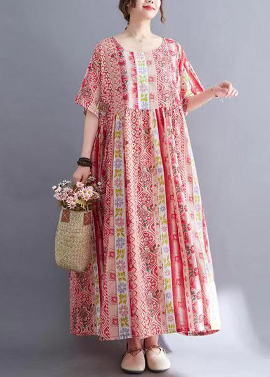 Red Print Wrinkled Long Dresses Short Sleeve