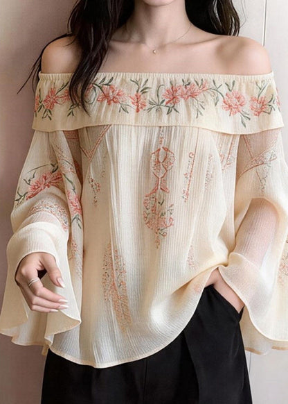 Beige Cold Shoulder Print Cotton Blouses Flare Sleeve