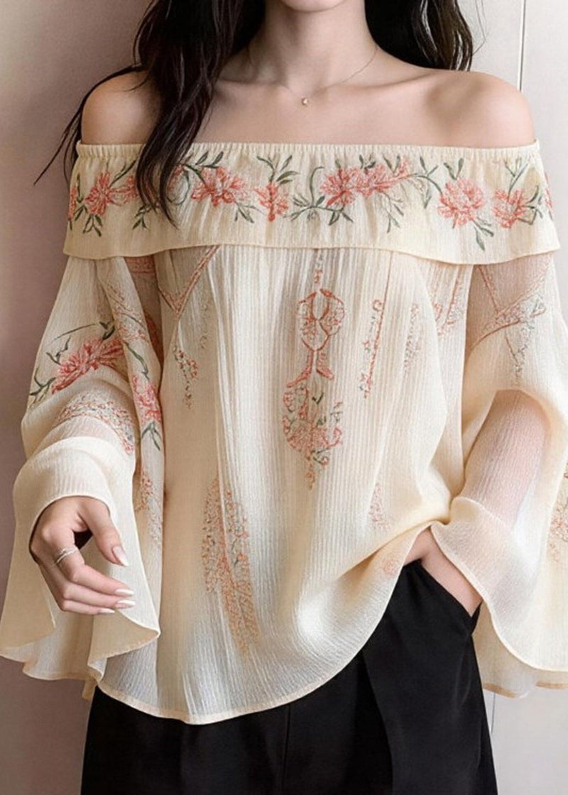 Beige Cold Shoulder Print Cotton Blouses Flare Sleeve