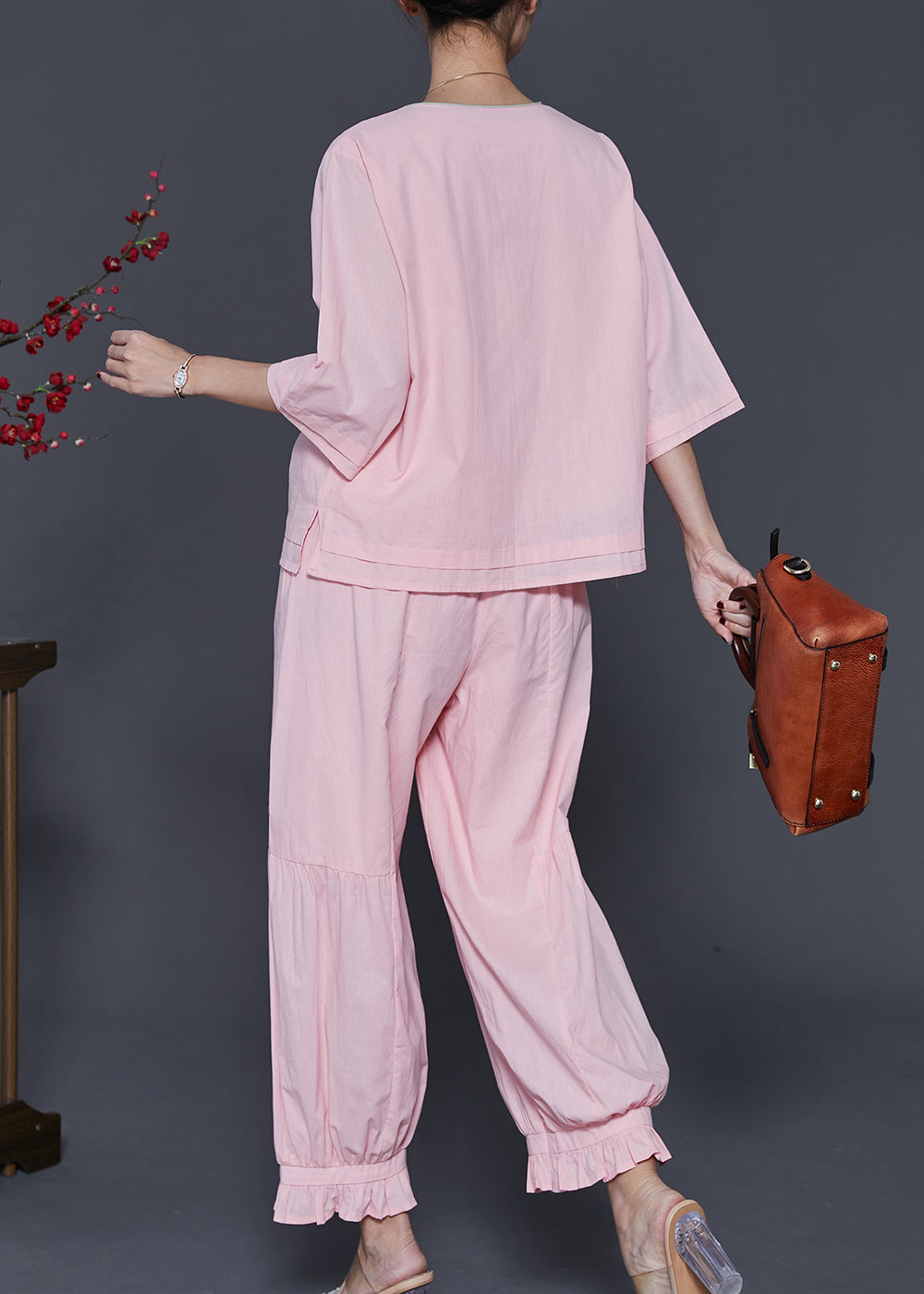 Pink Embroidered Patchwork Cotton Two-piece Set Spring