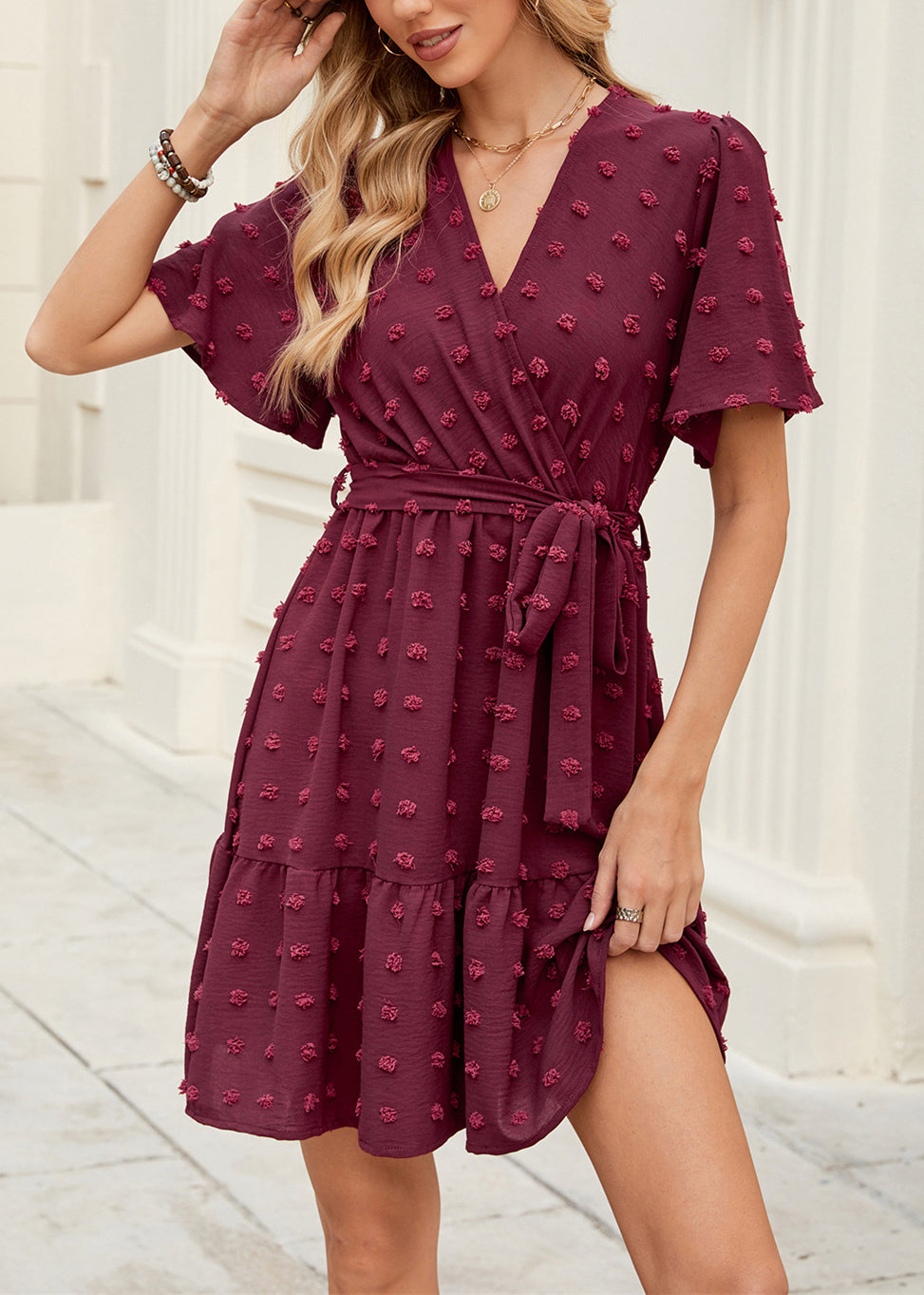 Italian Mulberry V Neck Jacquard Lace Up Cotton Dresses Summer