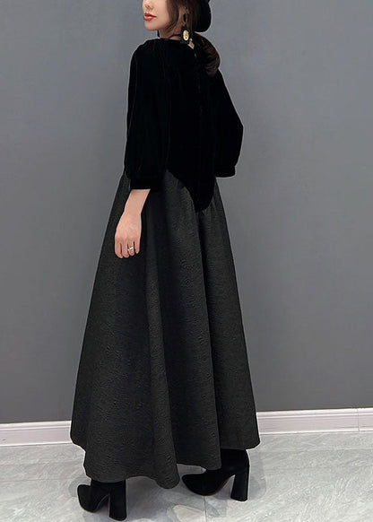 Fine Black O-neck Asymmetrical Patchwork Silk Velour Dress Fall