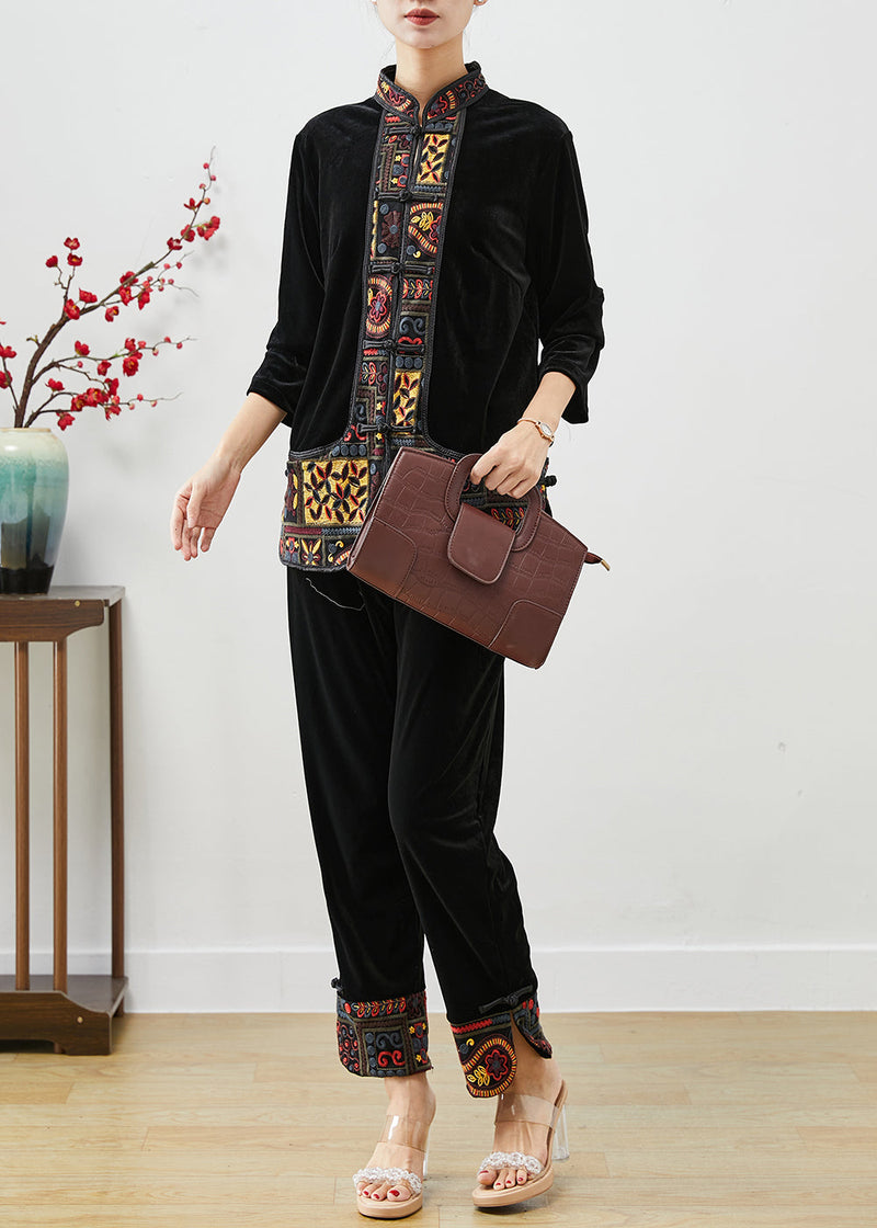 Black Embroideried Patchwork Silk Velour Two Piece Set Clothing Fall
