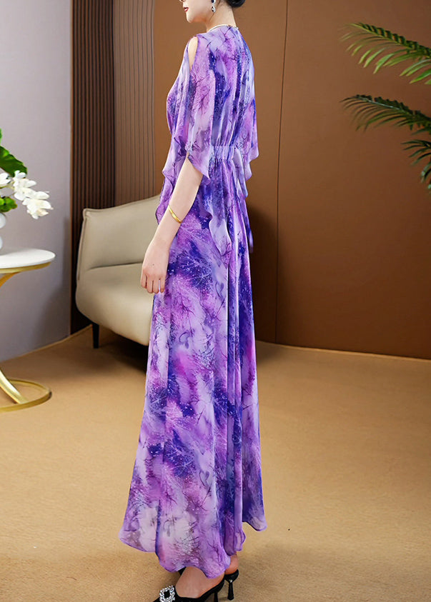 Purple V Neck Print Wrinkled Chiffon Maxi Dress Summer