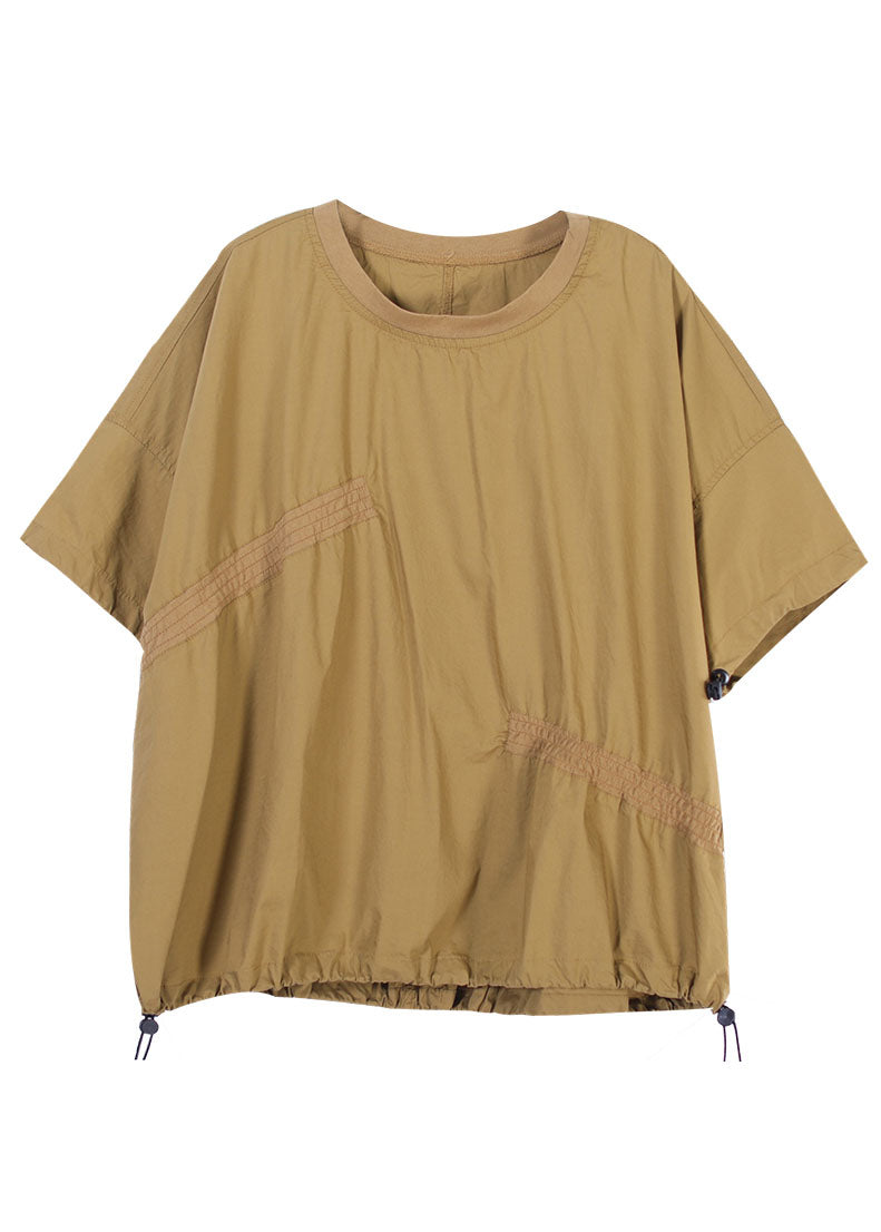 Fine Yellow O-neck Wrinkled Oversized Cotton Loose Sweatshirts Top Short Sleeve
