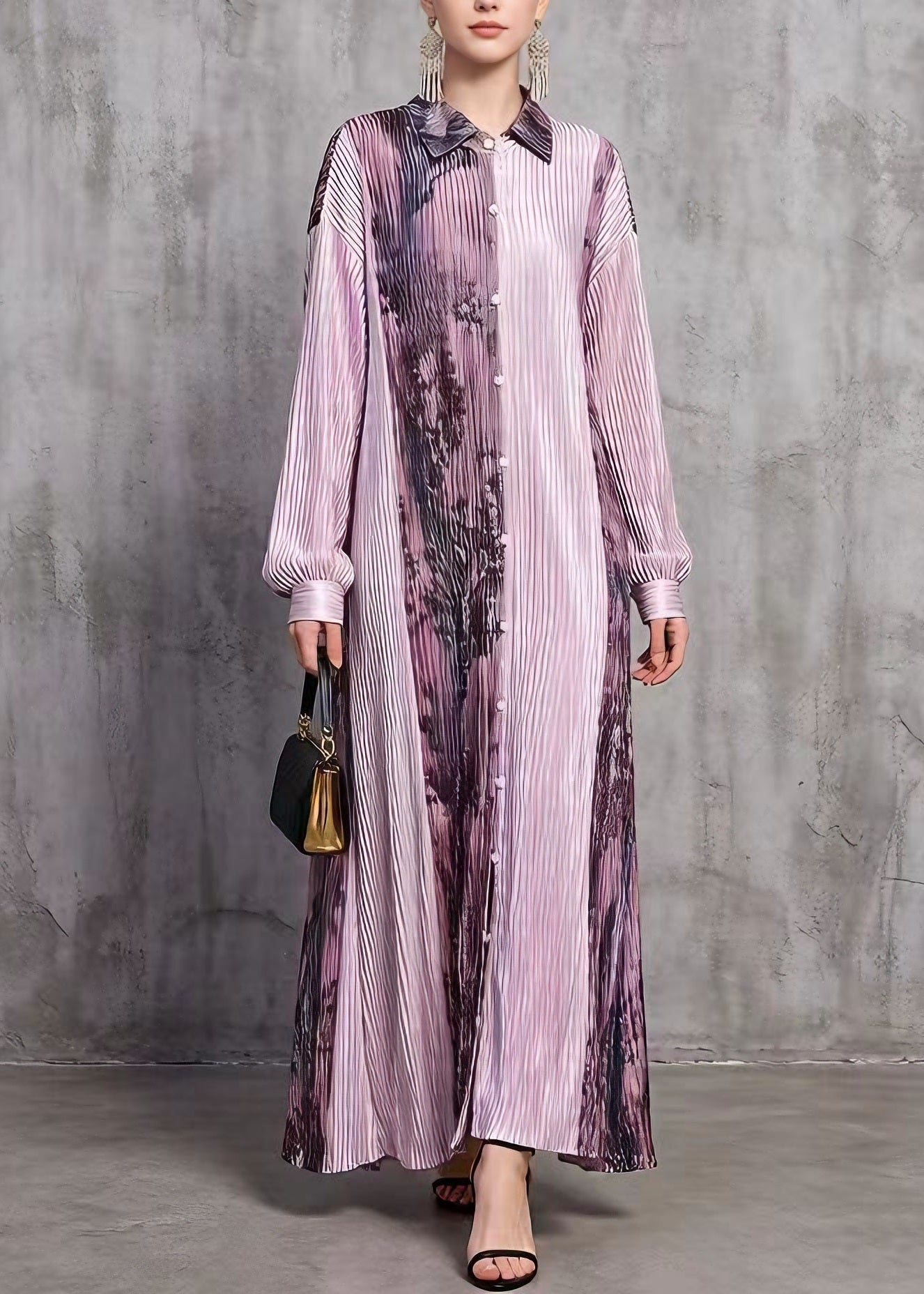 Stylish Purple Peter Pan Collar Print Wrinkled Silk Long Dresses Spring